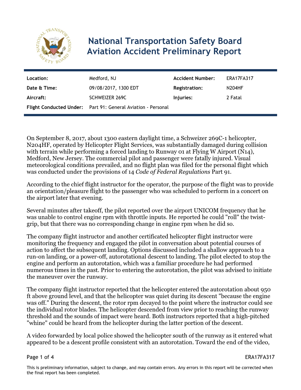 National Transportation Safety Board Aviation Accident Preliminary Report