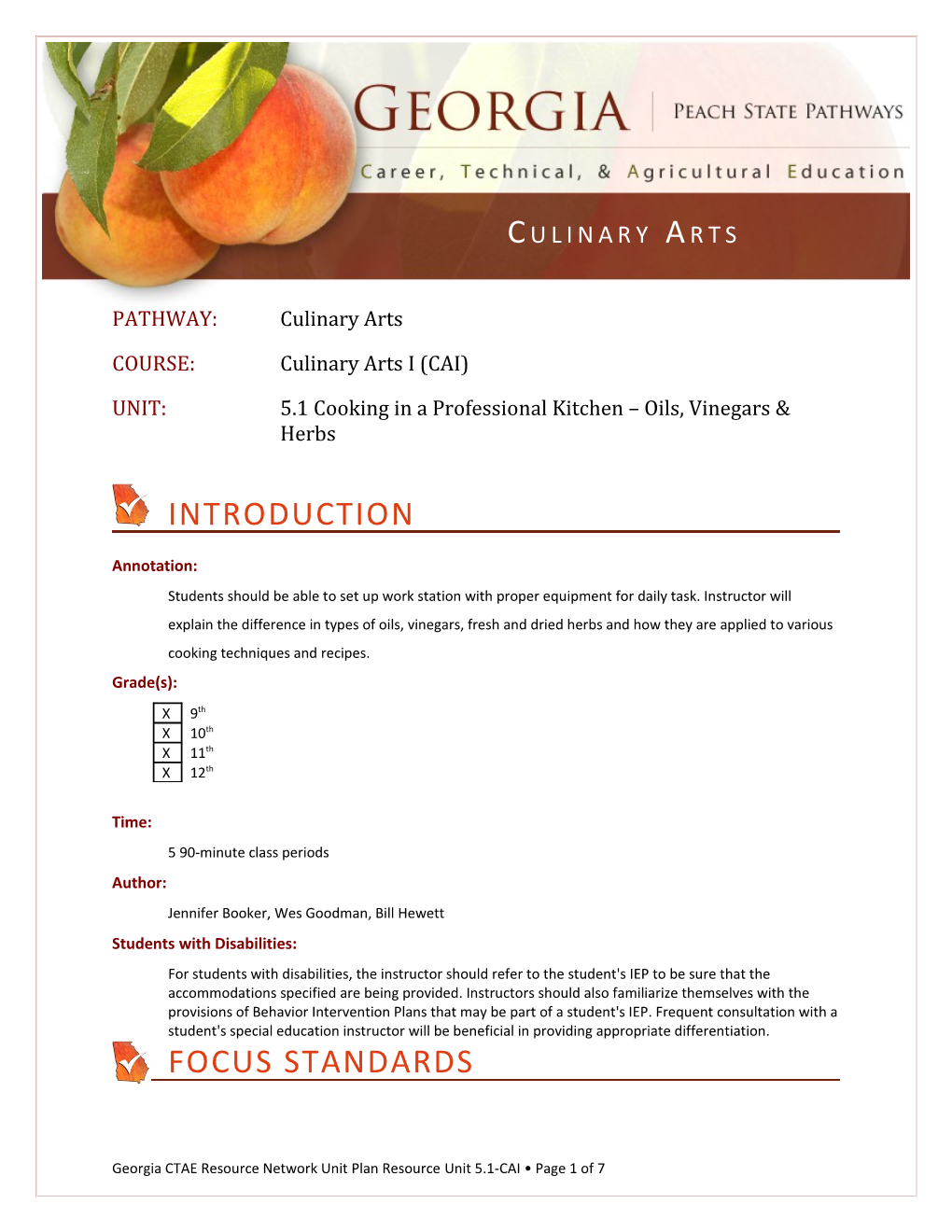 COURSE: Culinary Arts I (CAI)