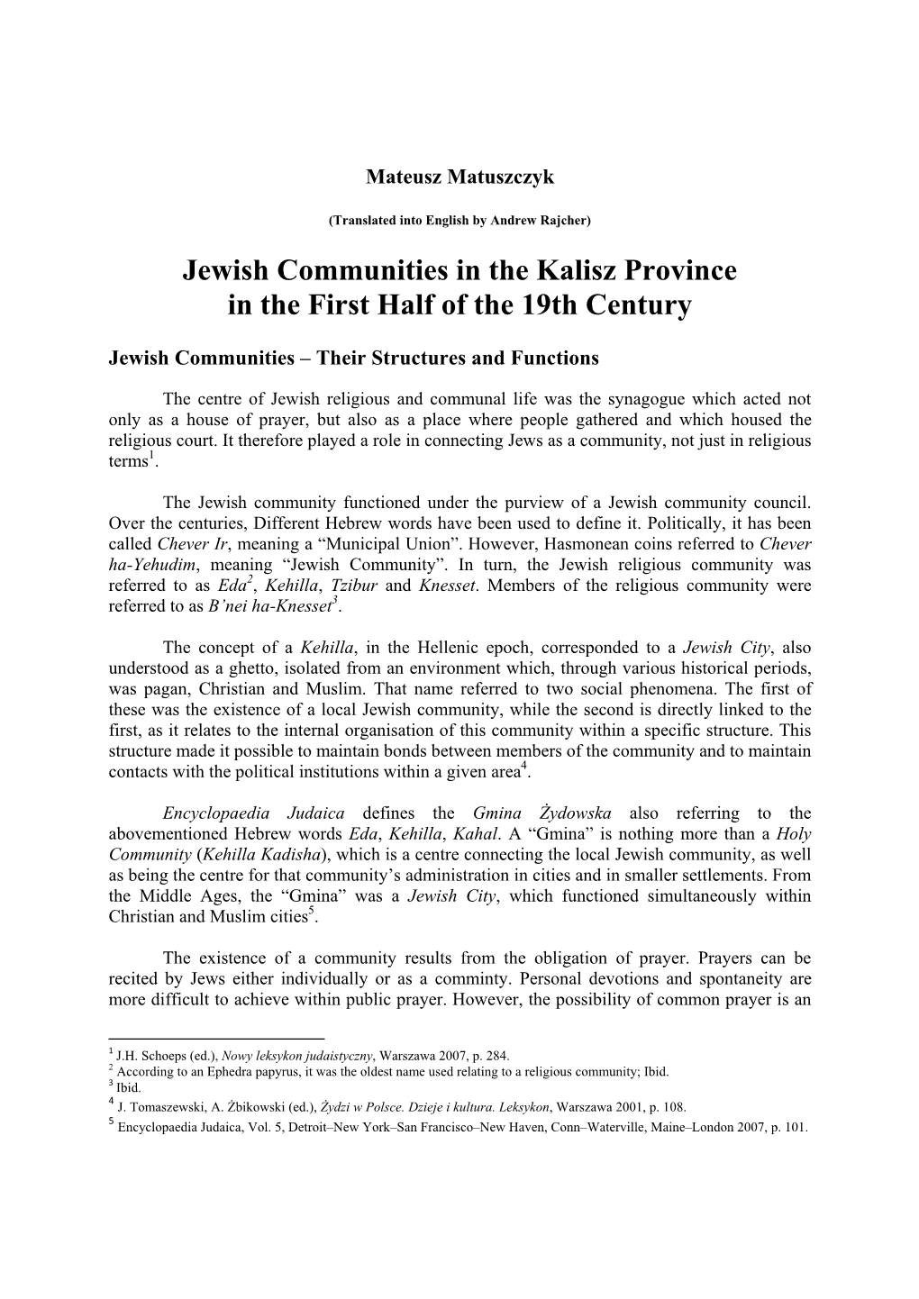 Jewish Communities in the Kalisz Province in the First Half of the 19Th Century