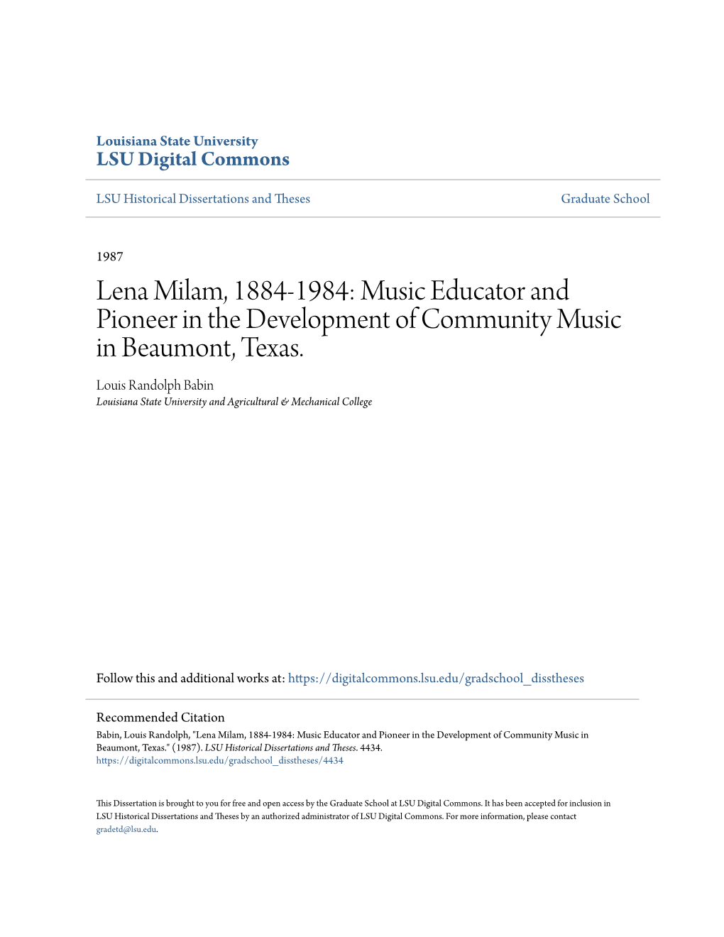 Lena Milam, 1884-1984: Music Educator and Pioneer in the Development of Community Music in Beaumont, Texas