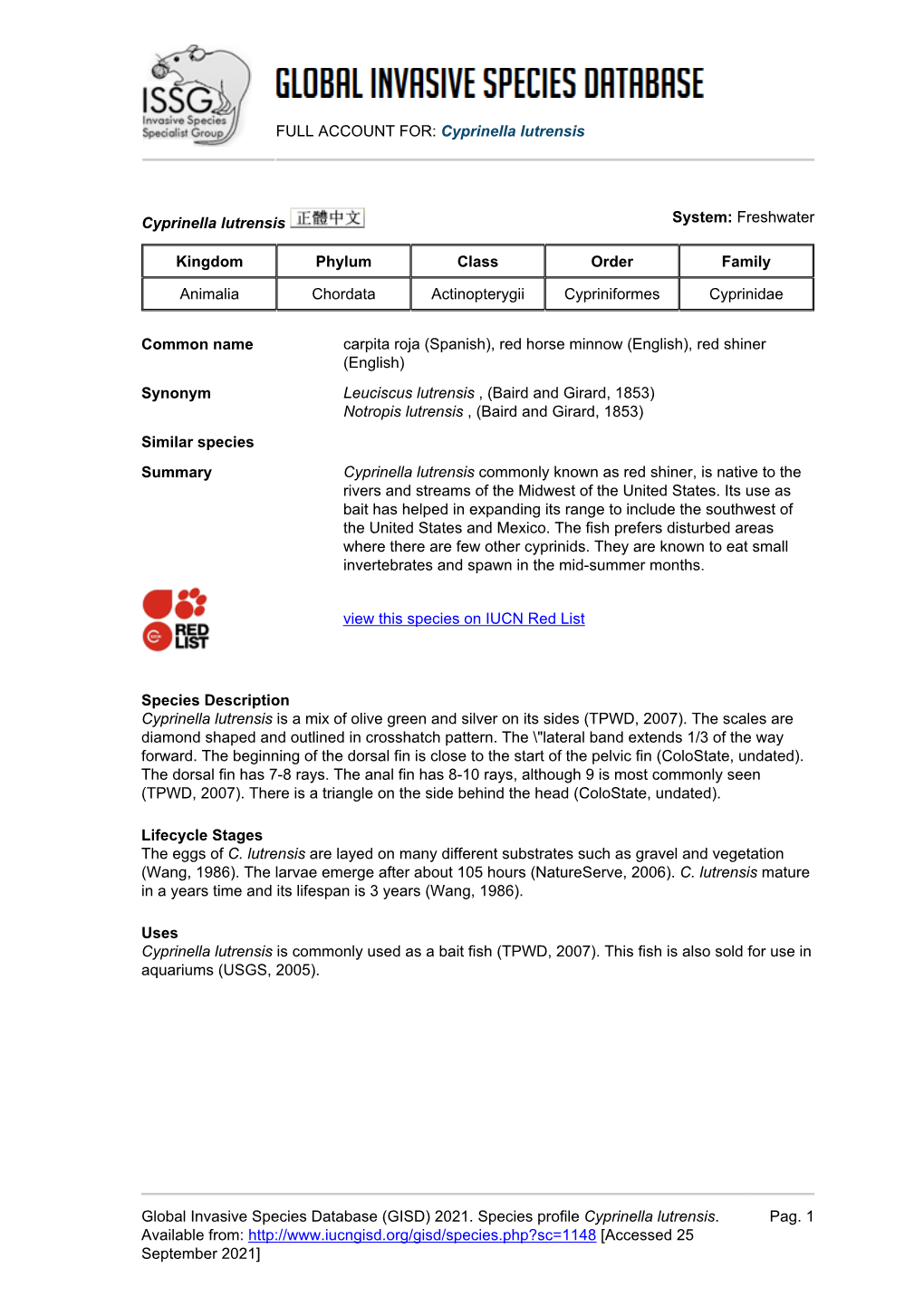 FULL ACCOUNT FOR: Cyprinella Lutrensis Global Invasive Species Database (GISD) 2021. Species Profile Cyprinella Lutrensis. Avail