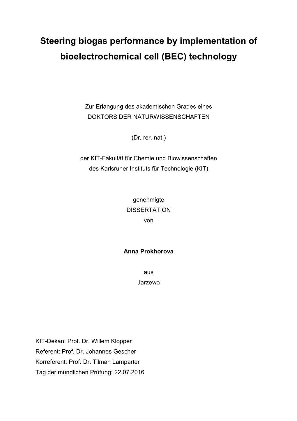 Steering Biogas Performance by Implementation of Bioelectrochemical Cell (BEC) Technology