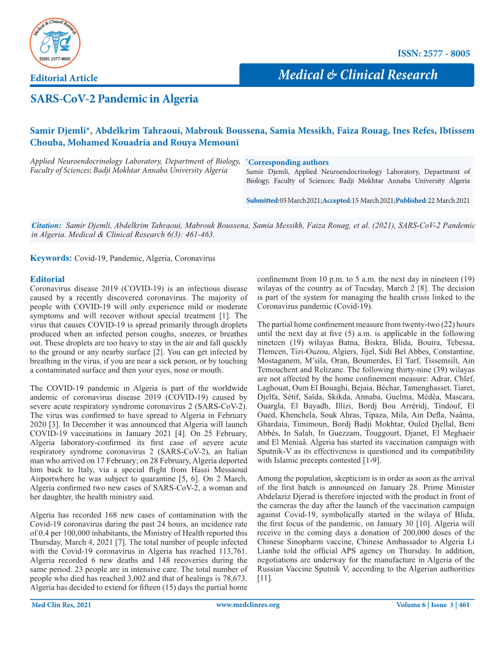 SARS-Cov-2 Pandemic in Algeria