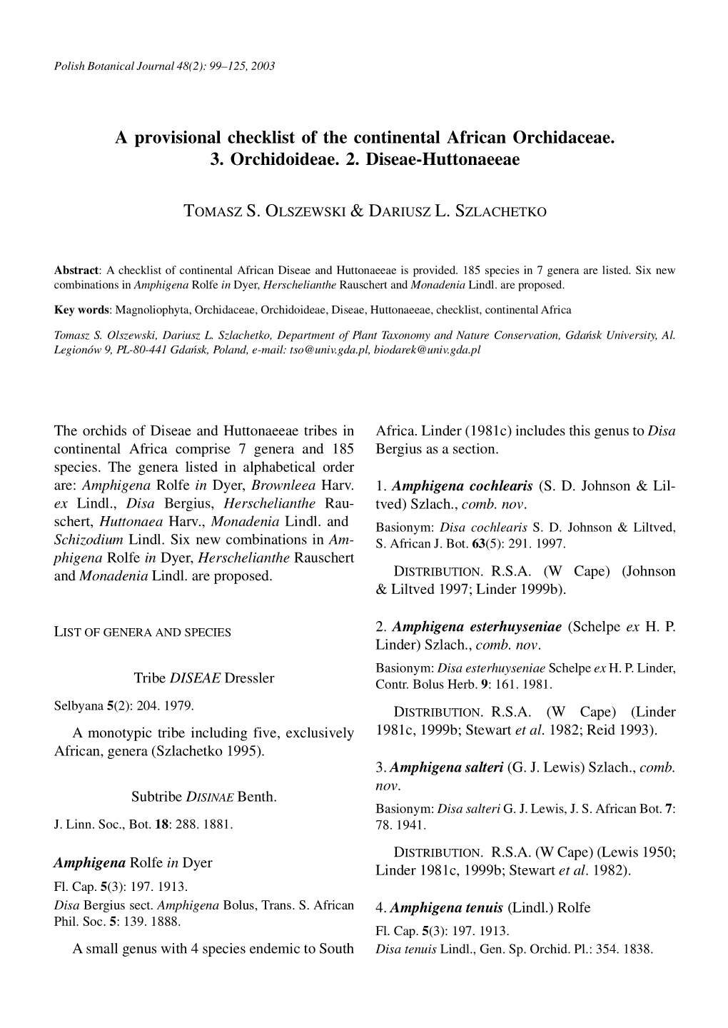 A Provisional Checklist of the Continental African Orchidaceae. 3