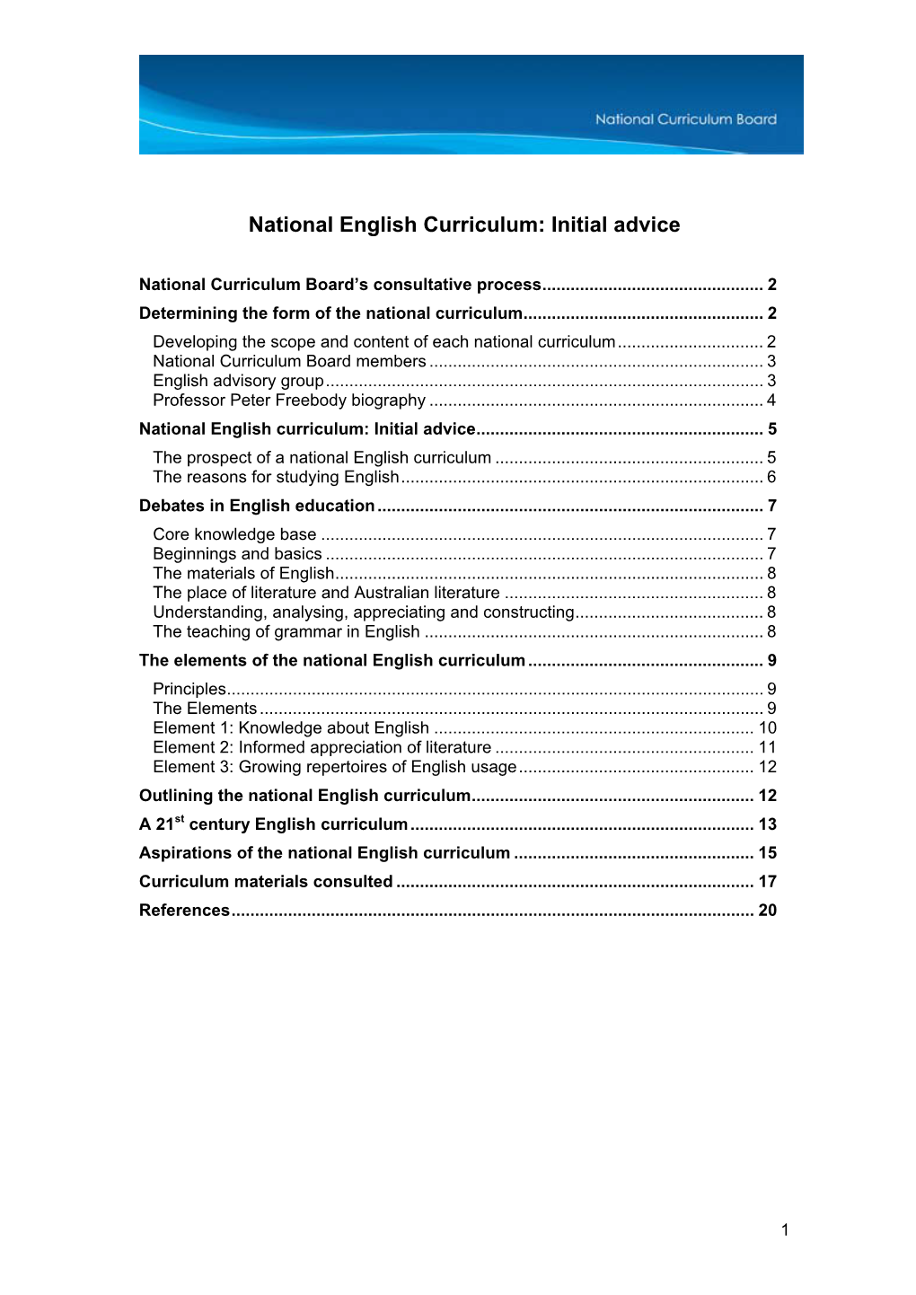 English Advice: National Curriculum Board