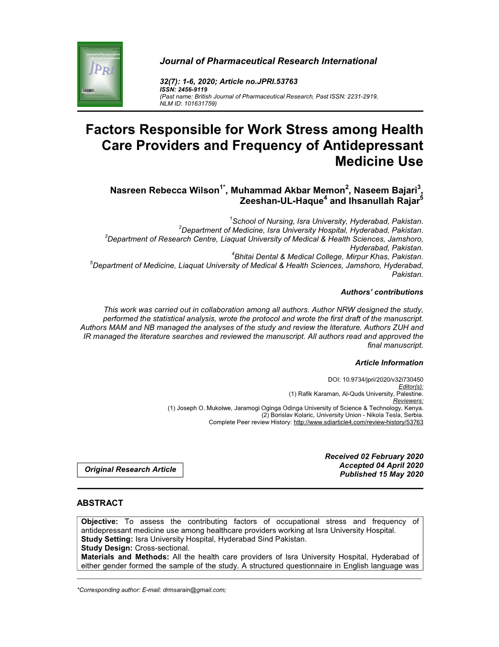 Factors Responsible for Work Stress Among Health Care Providers and Frequency of Antidepressant Medicine Use