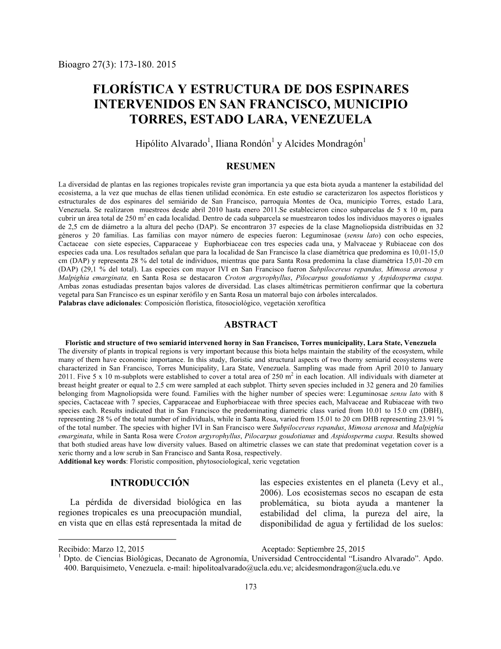 Florística Y Estructura De Dos Espinares Intervenidos En San Francisco, Municipio Torres, Estado Lara, Venezuela