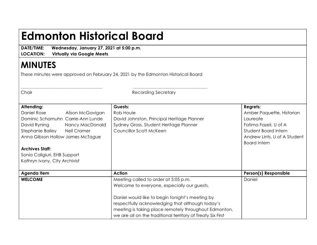 Edmonton Historical Board Draft Minutes