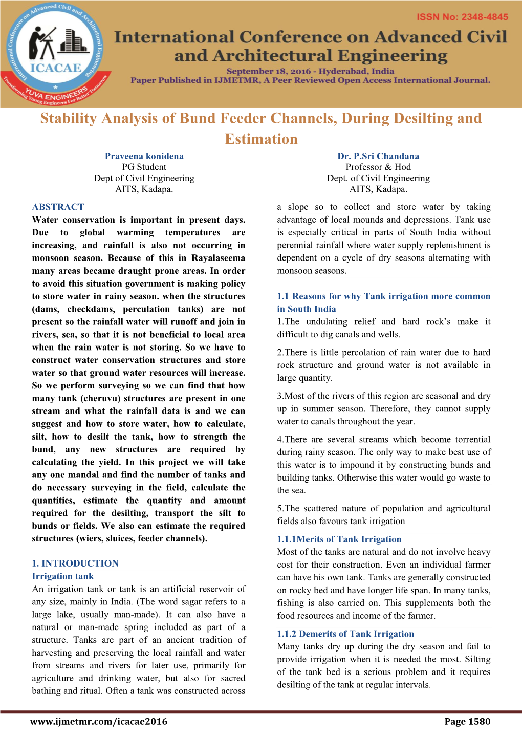 Stability Analysis of Bund Feeder Channels, During Desilting and Estimation Praveena Konidena Dr