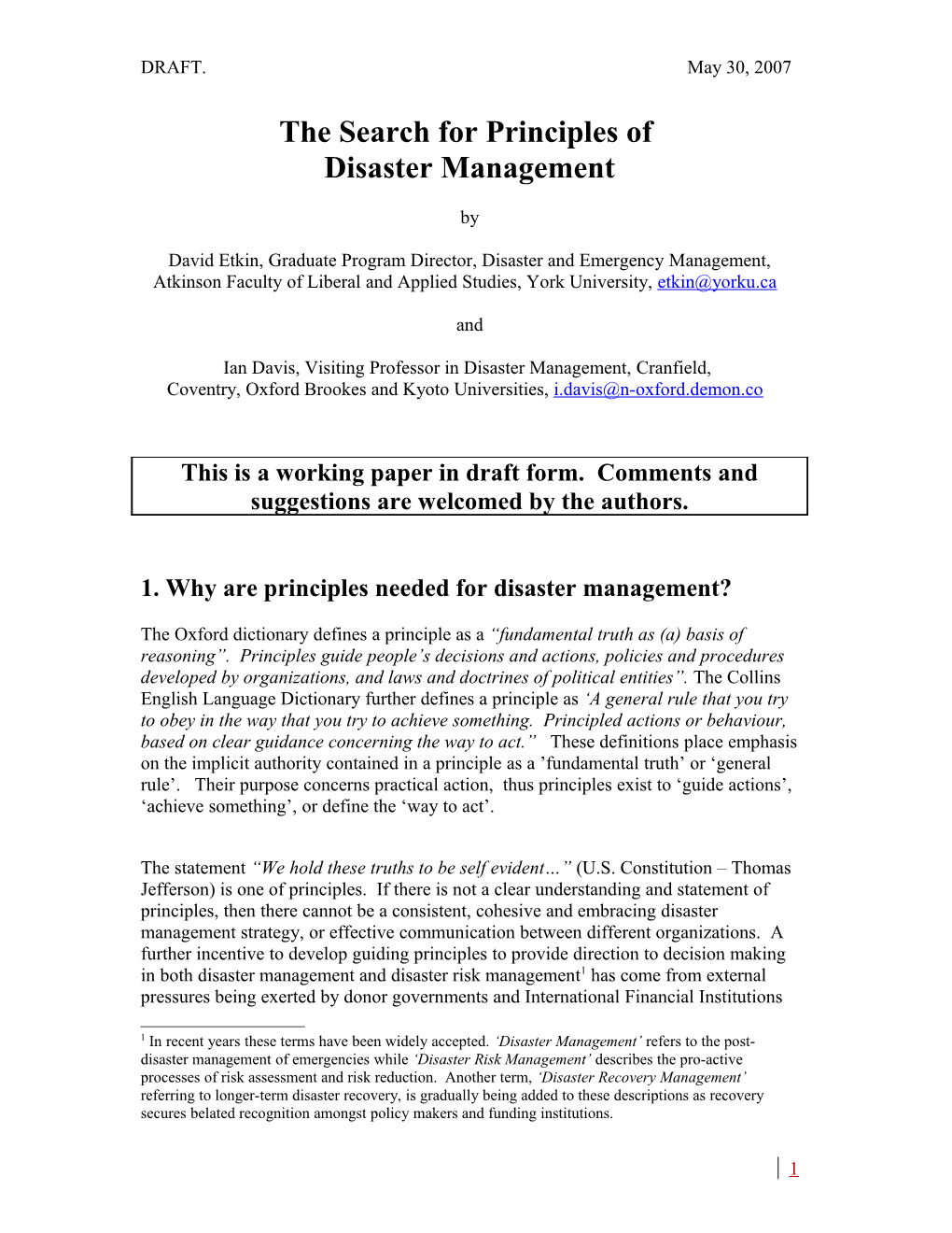 The Search For Principles Of Disaster Management