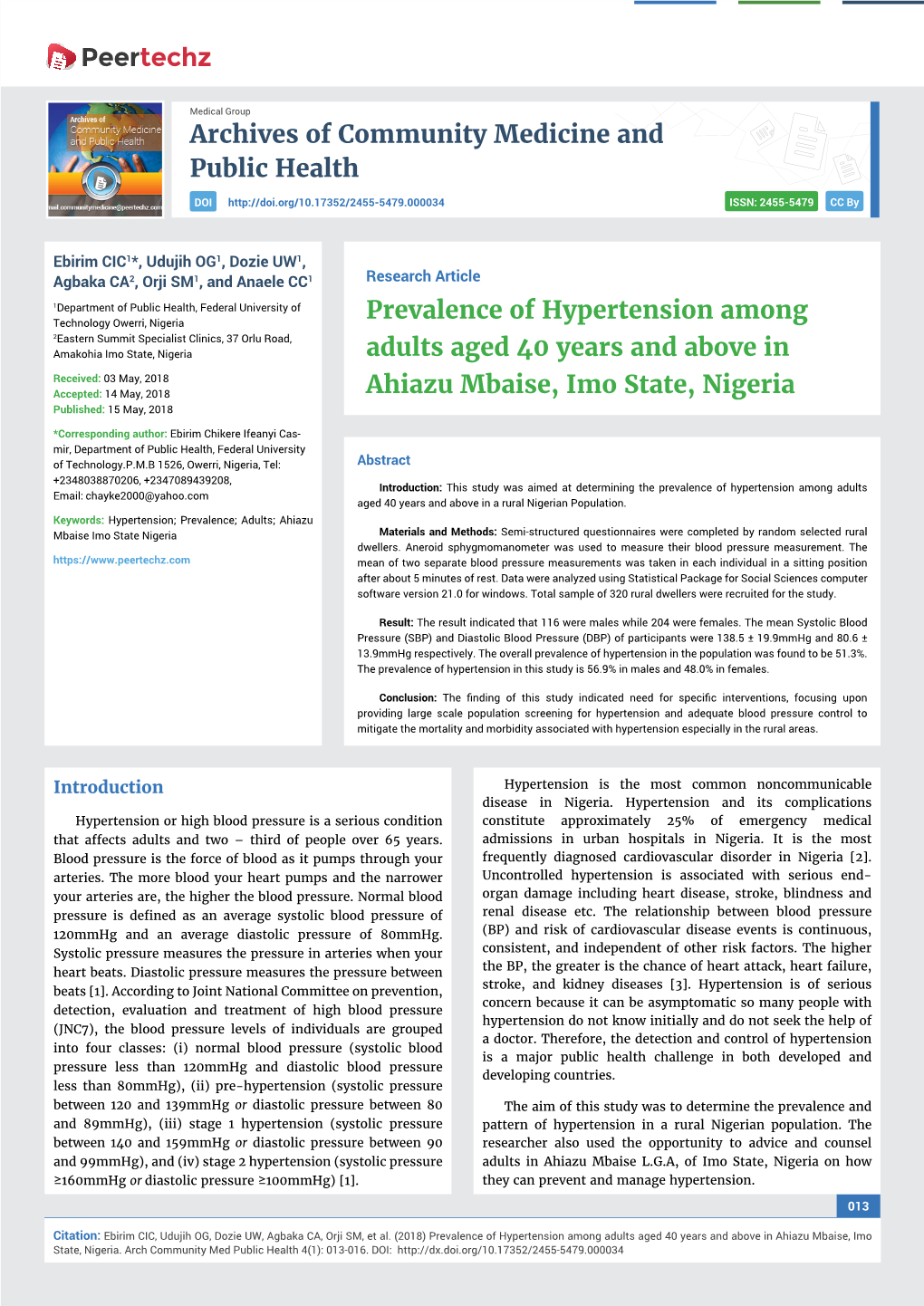 Prevalence of Hypertension Among Adults Aged 40 Years and Above in Ahiazu Mbaise, Imo State, Nigeria