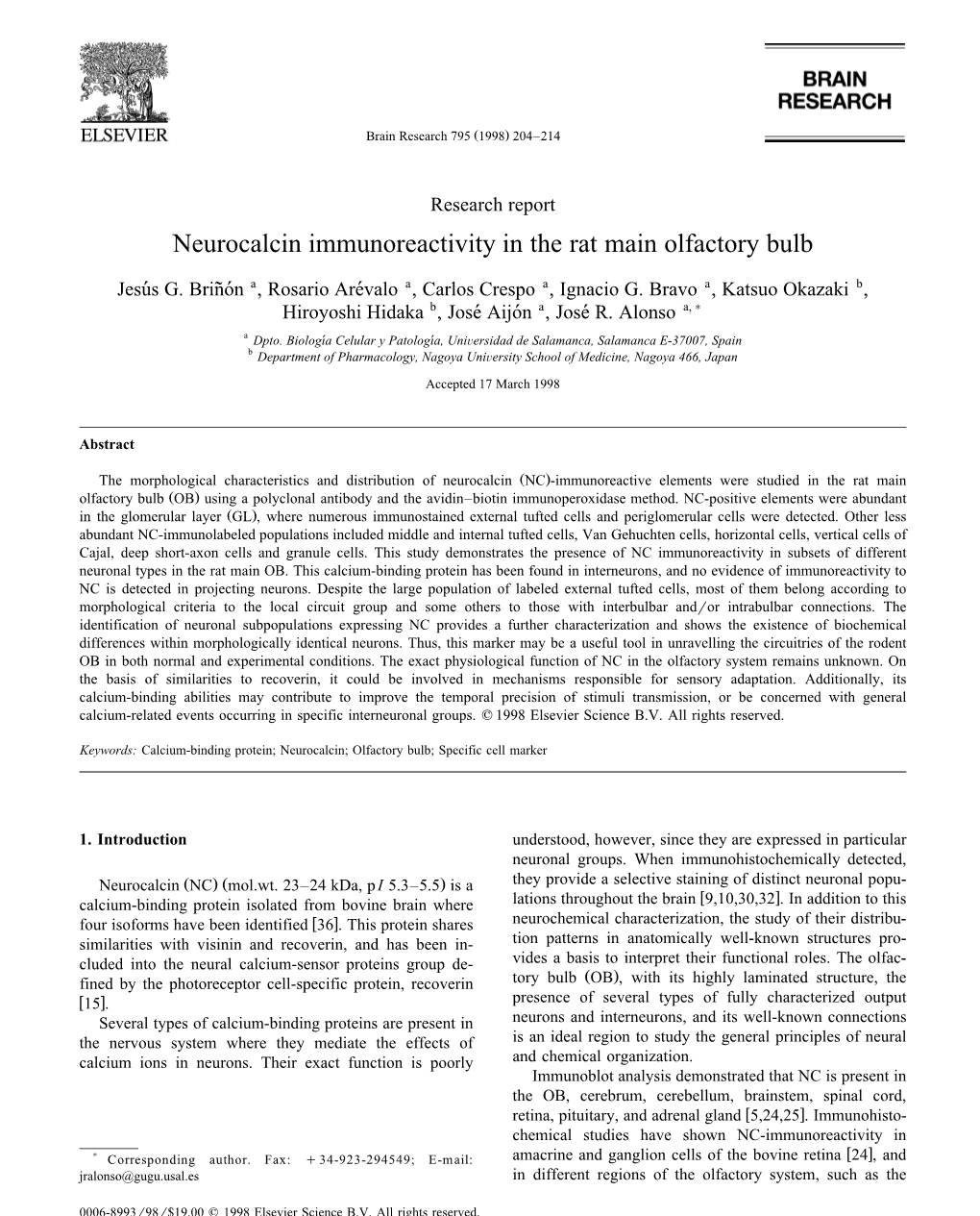 Neurocalcin Immunoreactivity in the Rat Main Olfactory Bulb