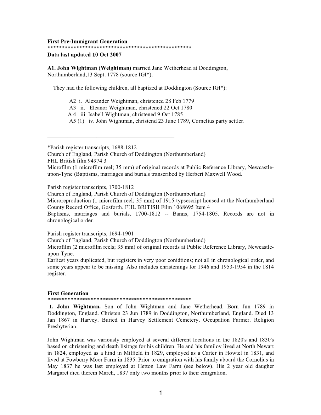 First Pre-Immigrant Generation ************************************************** Data Last Updated 10 Oct 2007