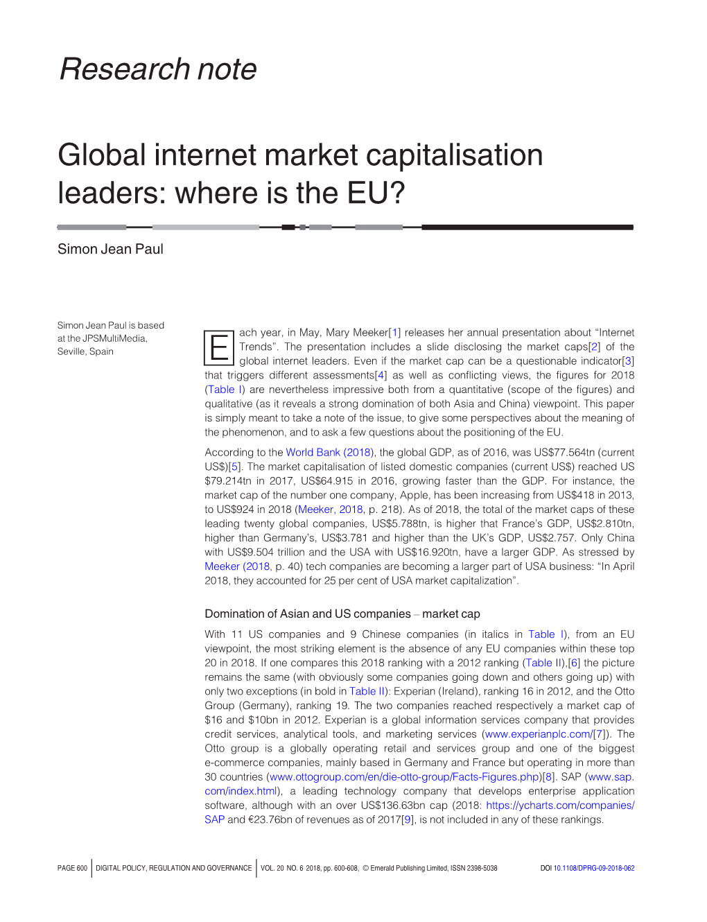 Research Note Global Internet Market Capitalisation Leaders