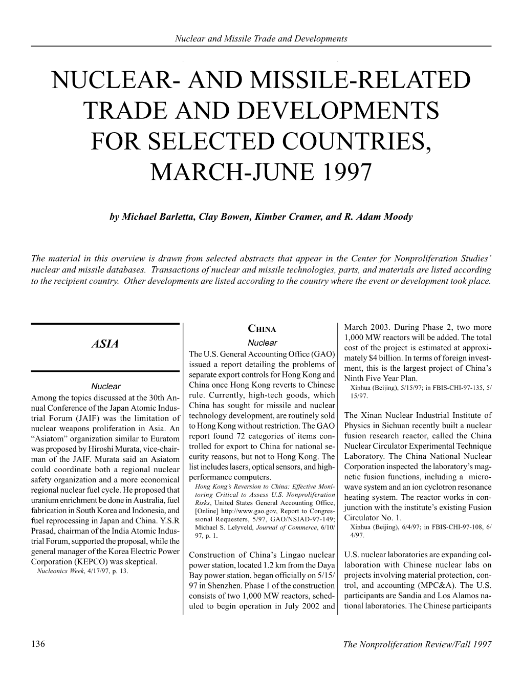 Nuclear and Missile Trade and Developments NUCLEAR- and MISSILE-RELATED TRADE and DEVELOPMENTS for SELECTED COUNTRIES, MARCH-JUNE 1997