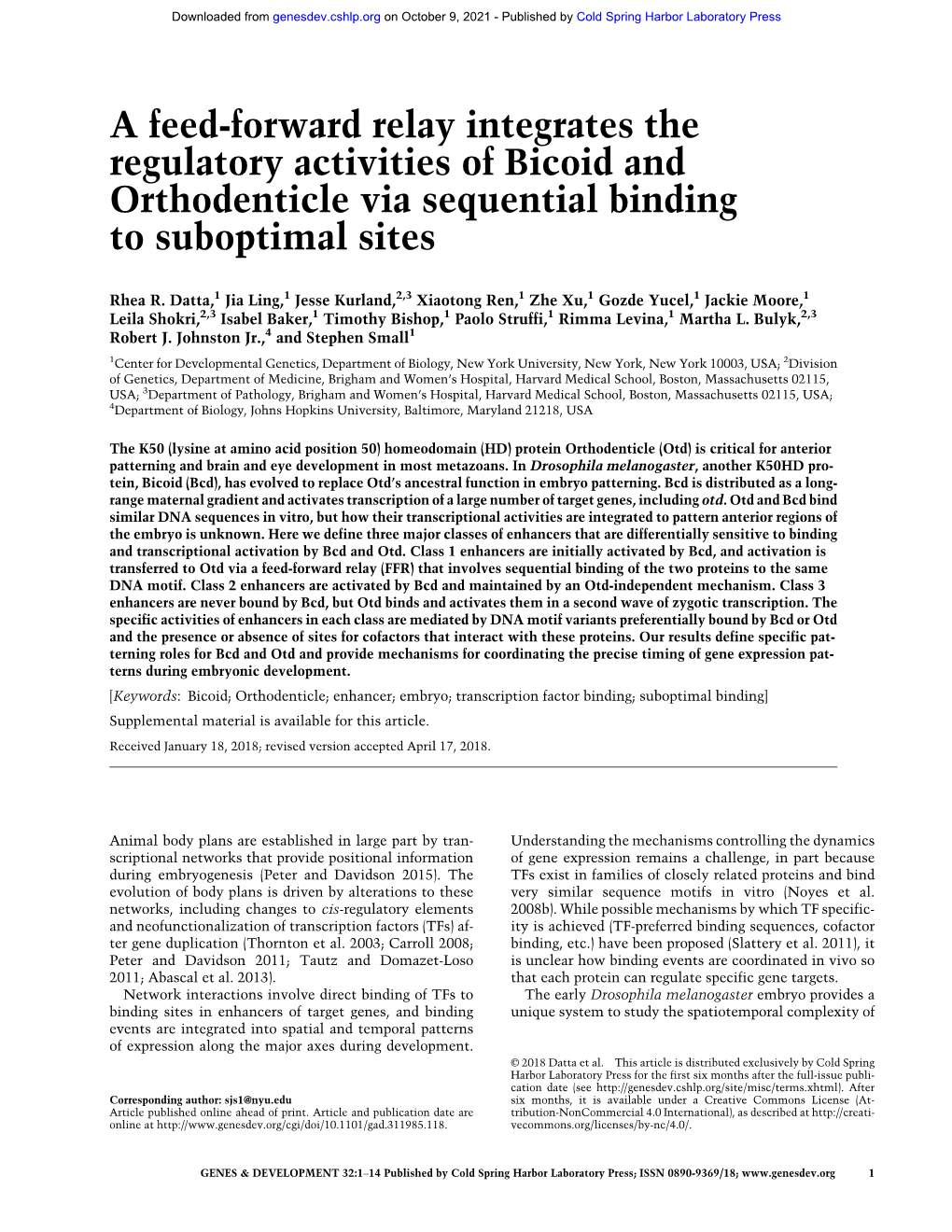 A Feed-Forward Relay Integrates the Regulatory Activities of Bicoid and Orthodenticle Via Sequential Binding to Suboptimal Sites