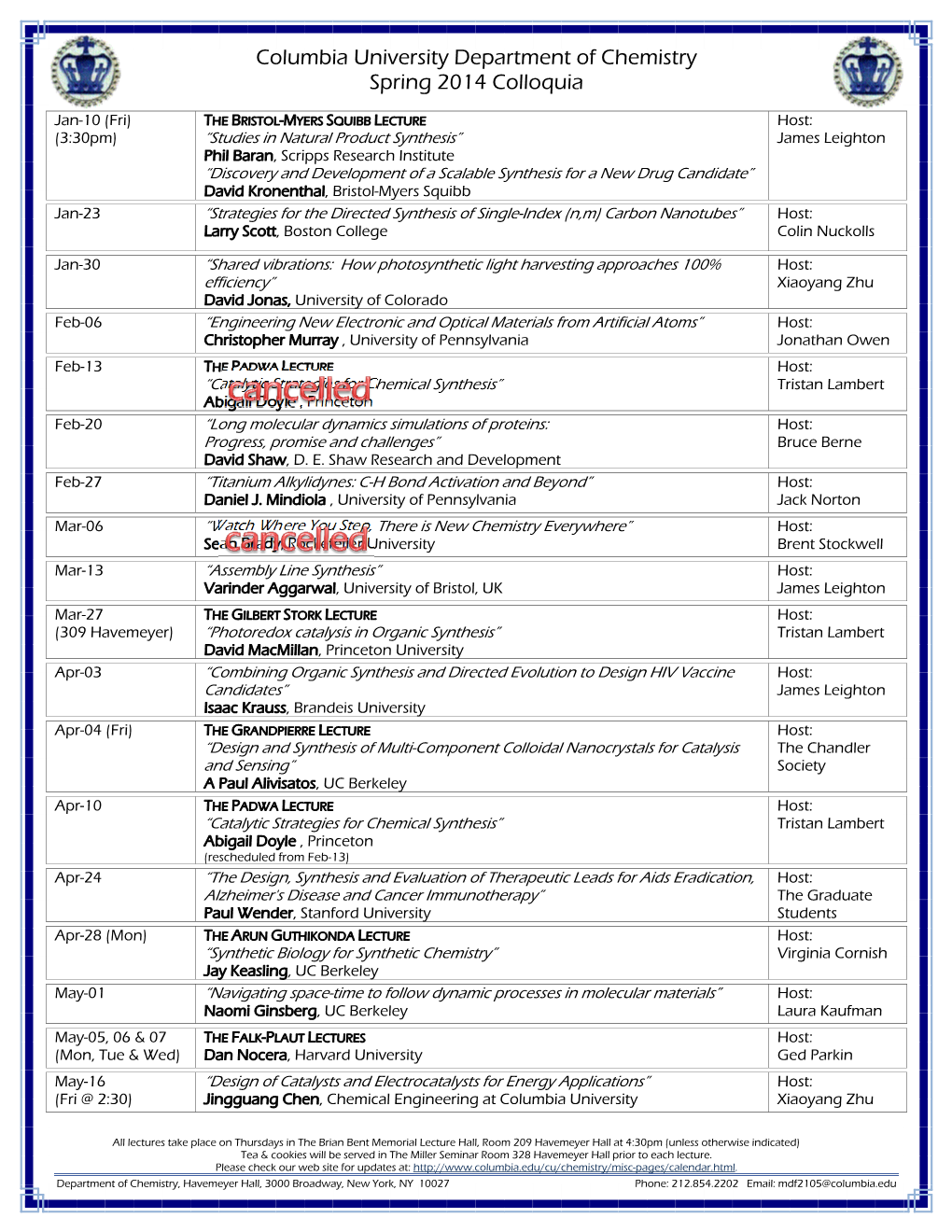 Columbia University Department of Chemistry Spring 2014 Colloquia