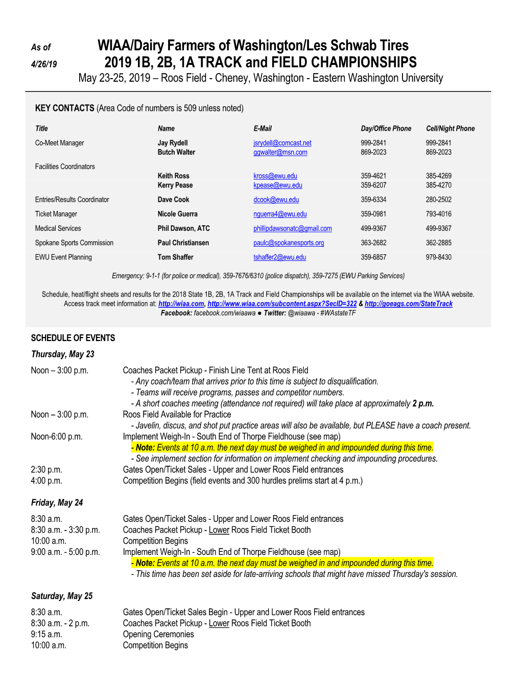 WIAA/Dairy Farmers of Washington/Les Schwab Tires 2019 1B, 2B, 1A TRACK and FIELD CHAMPIONSHIPS