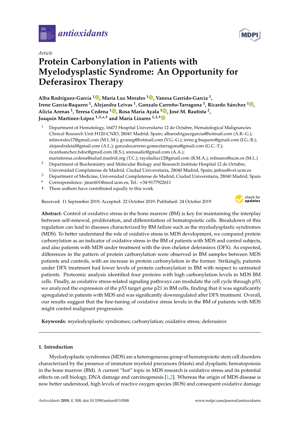 Protein Carbonylation in Patients with Myelodysplastic Syndrome: an Opportunity for Deferasirox Therapy