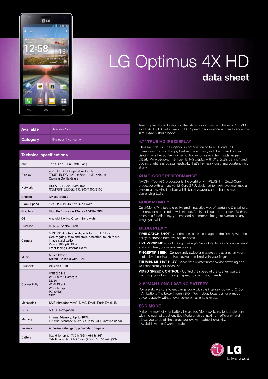 LG Optimus 4X HD Data Sheet