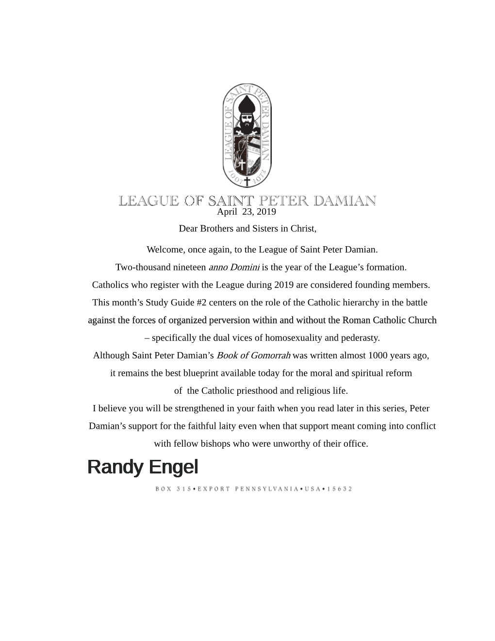 League of Saint Peter Damian Mailing #2 April 2019
