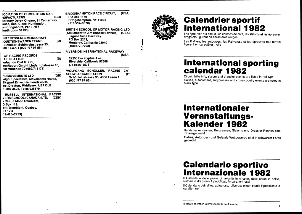 Calendrier Sportif International Sporting Calendar 1982