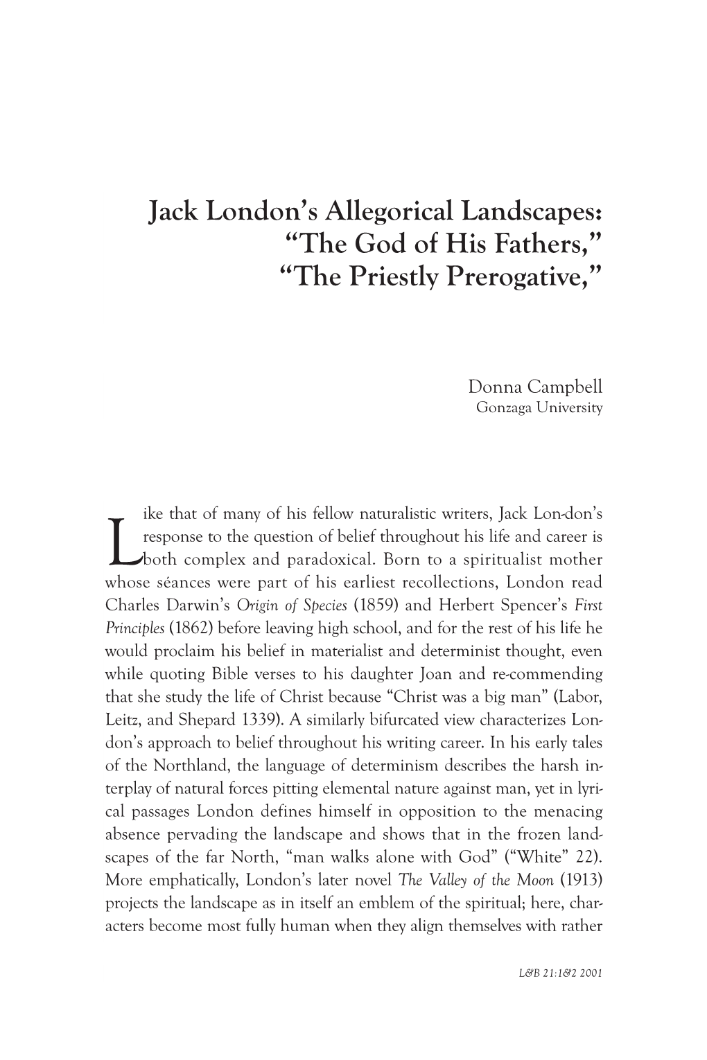 Jack London's Allegorical Landscapes: “The God of His Fathers,”