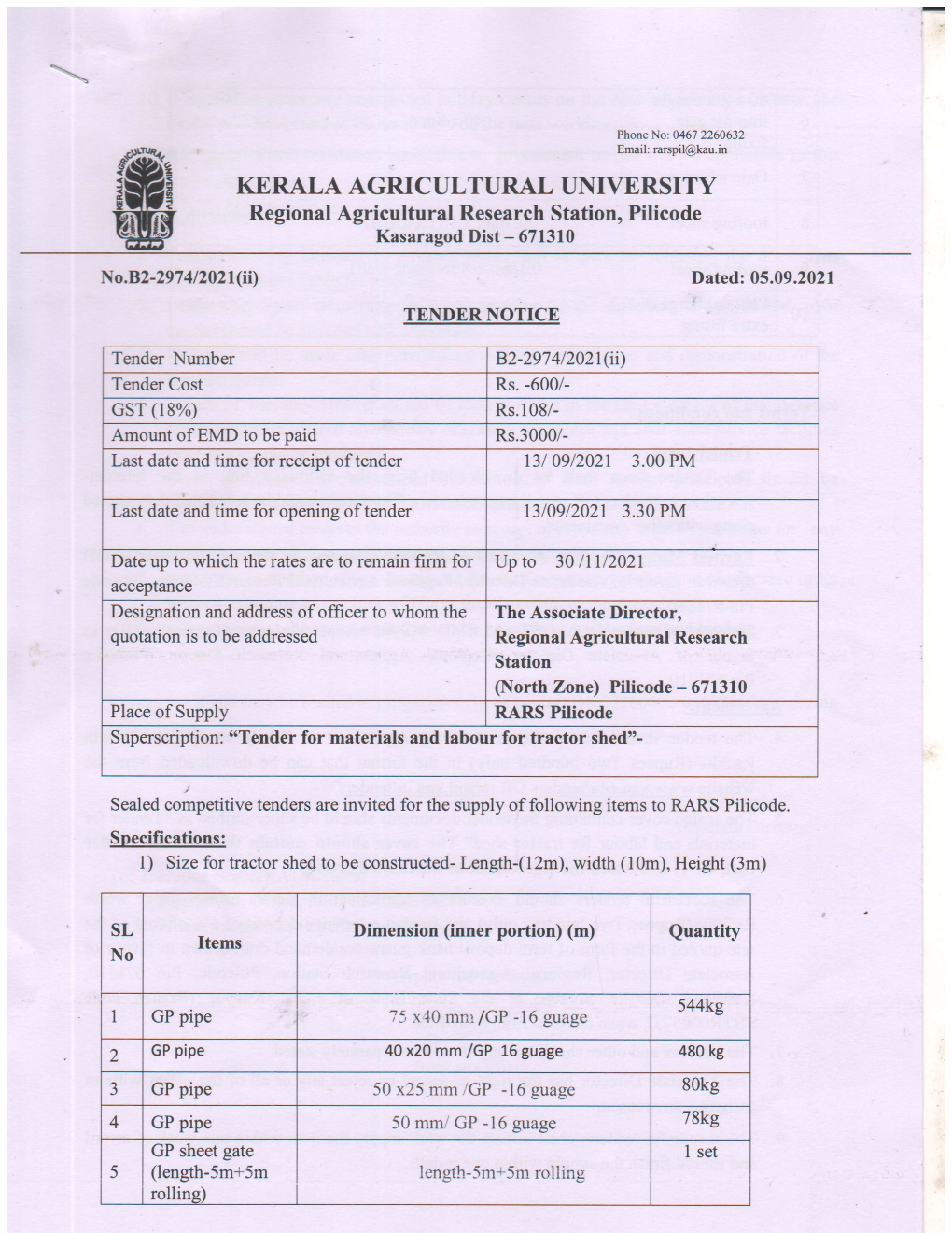 KERALA AGRICULTURAL UNIVERSITY Regional Agricultural Research Station, Pilicode Kasaragod Dist- 671310