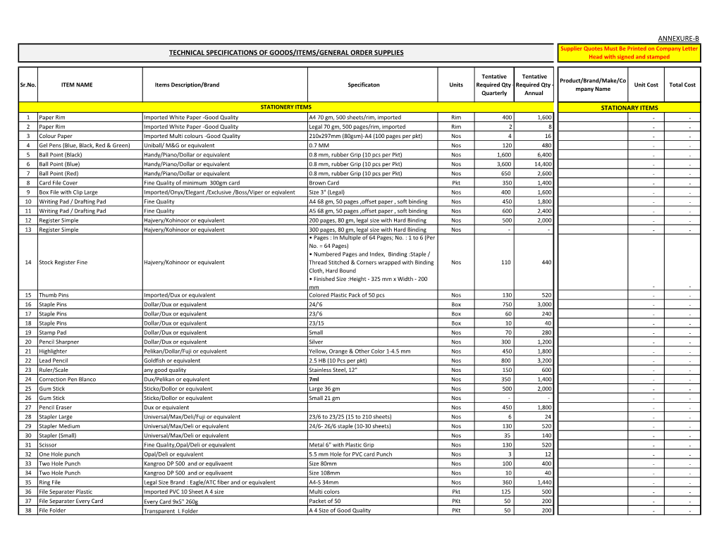 Annexure-B Technical Specifications of Goods/Items