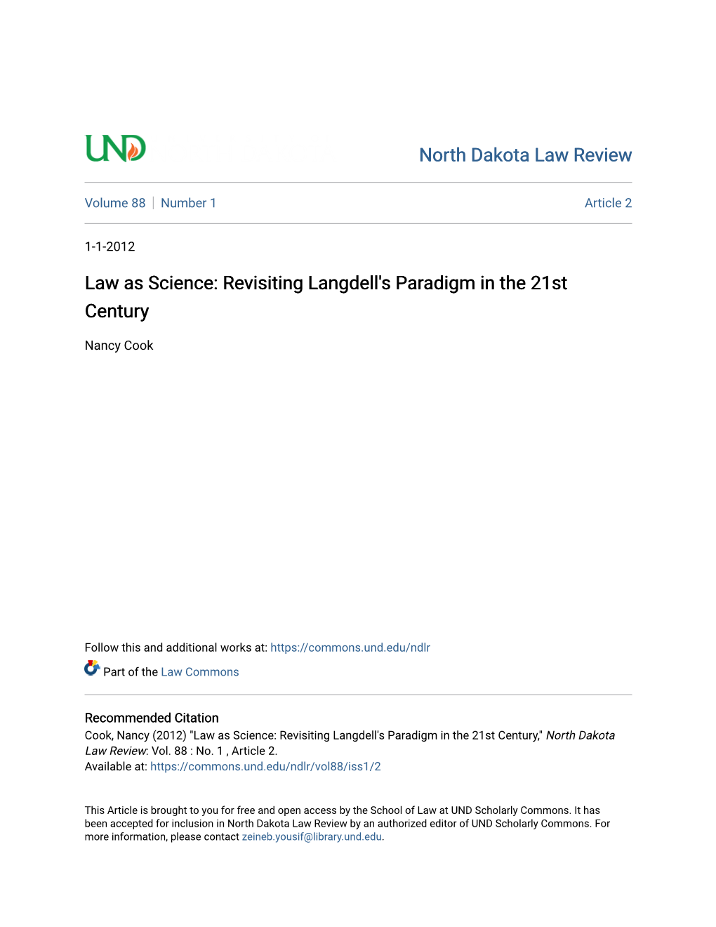 Law As Science: Revisiting Langdell's Paradigm in the 21St Century