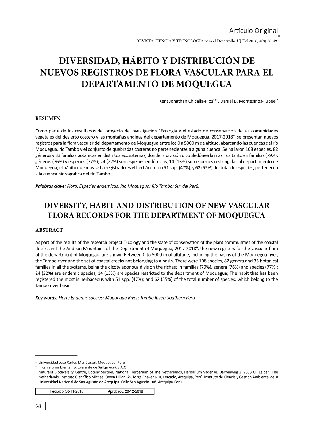 Diversidad, Hábito Y Distribución De Nuevos Registros De Flora Vascular Para El Departamento De Moquegua