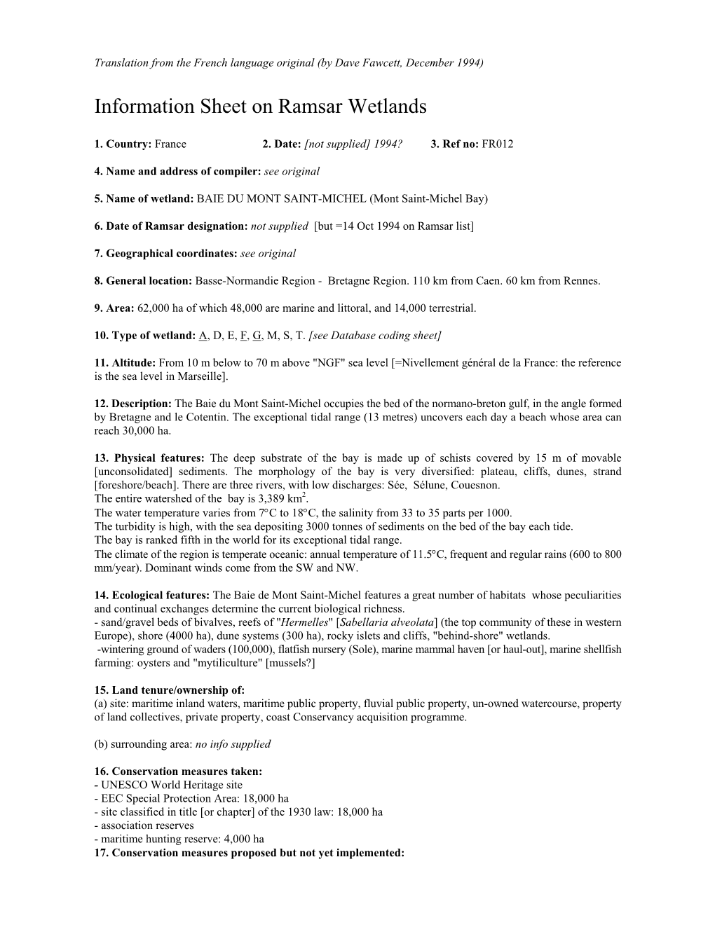 Information Sheet on Ramsar Wetlands