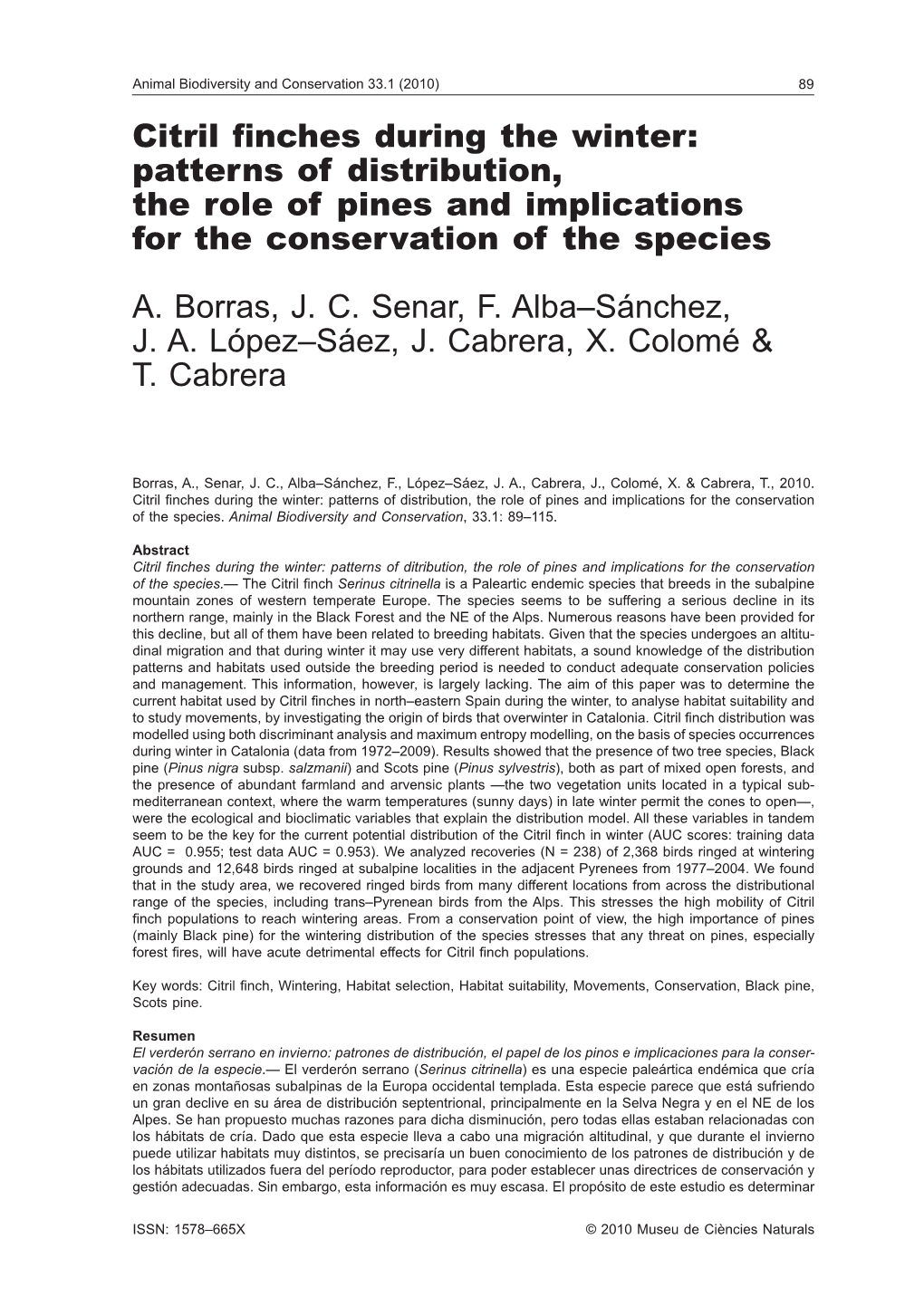 Citril Finches During the Winter: Patterns of Distribution, the Role of Pines and Implications for the Conservation of the Species