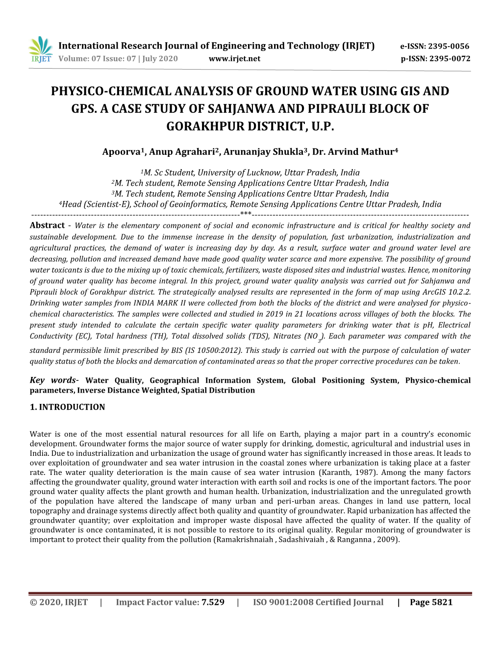 Physico-Chemical Analysis of Ground Water Using Gis and Gps