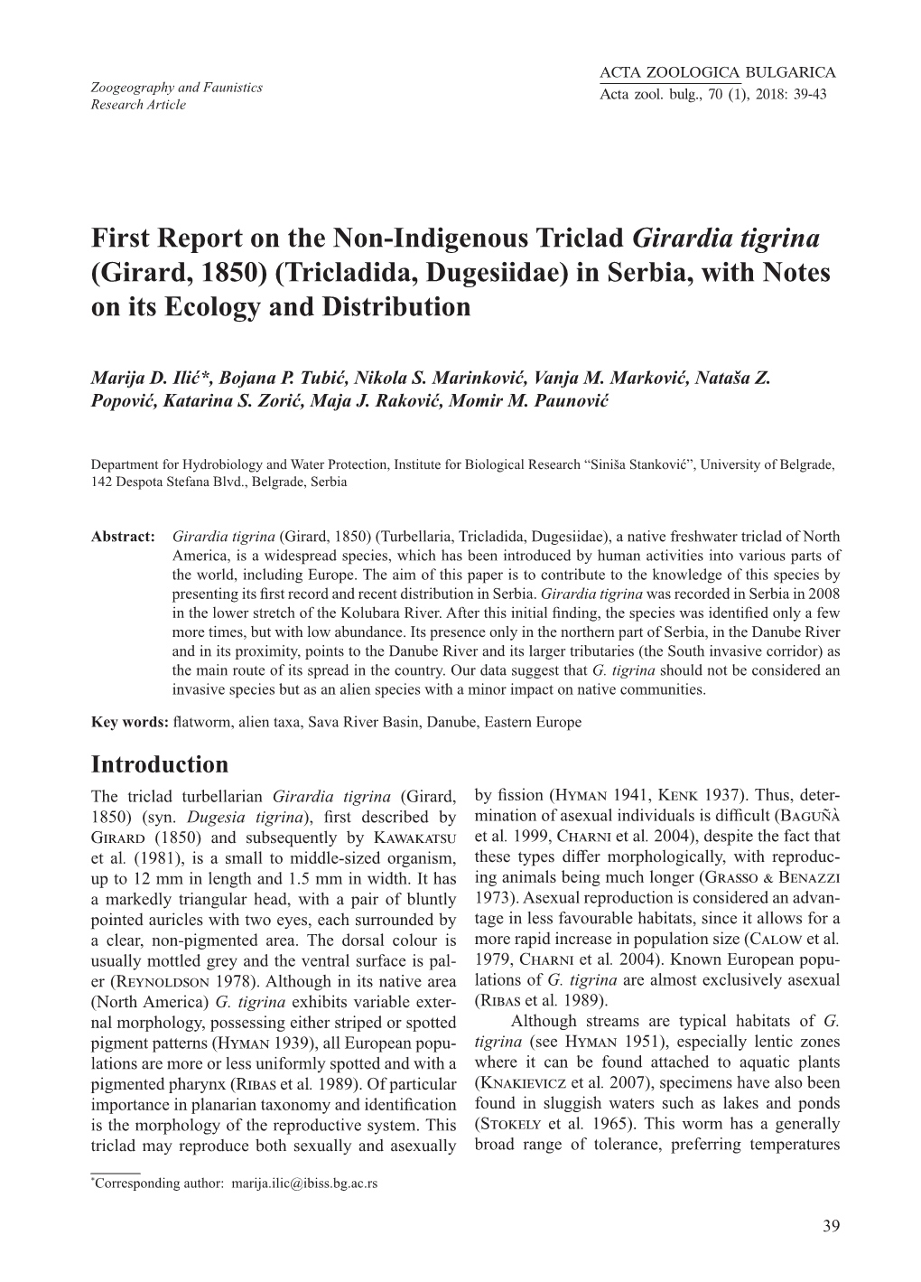 First Report on the Non-Indigenous Triclad Girardia Tigrina (Girard, 1850) (Tricladida, Dugesiidae) in Serbia, with Notes on Its Ecology and Distribution