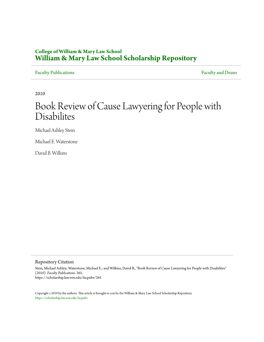 Book Review of Cause Lawyering for People with Disabilites Michael Ashley Stein