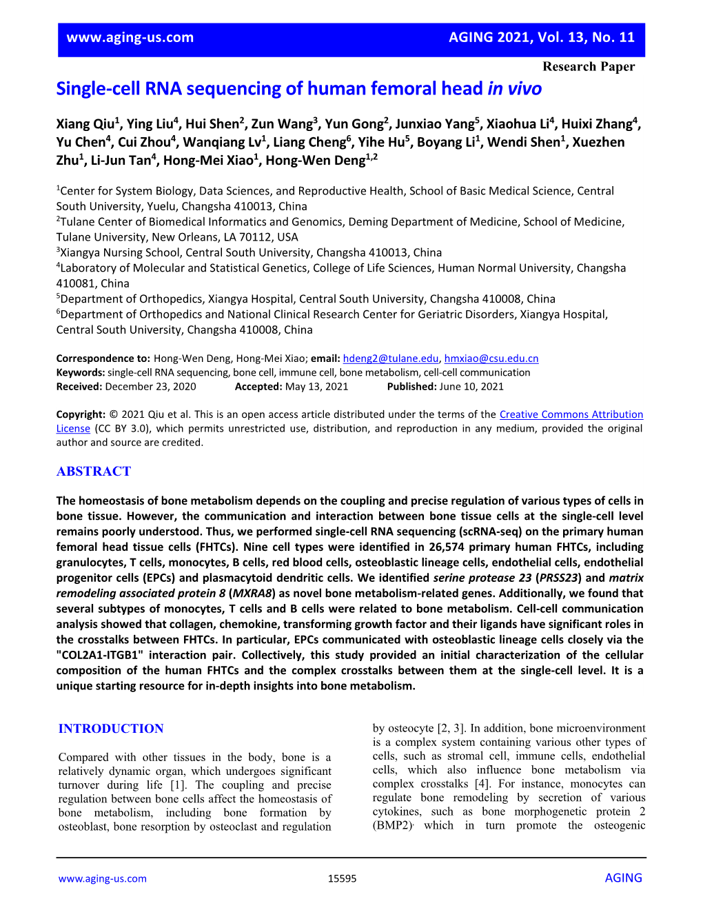 Single-Cell RNA Sequencing of Human Femoral Head in Vivo