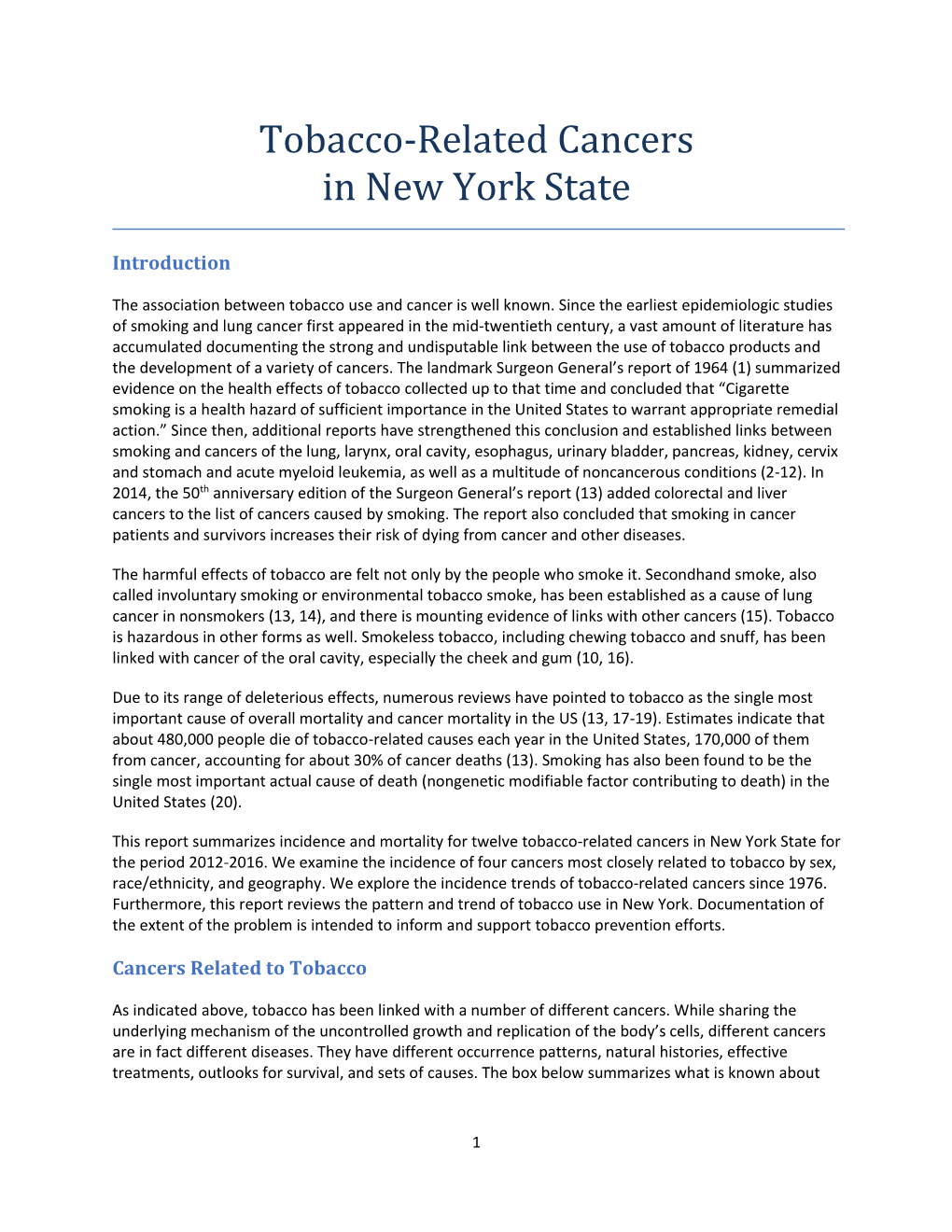 Tobacco-Related Cancers in New York State for the Period 2012-2016