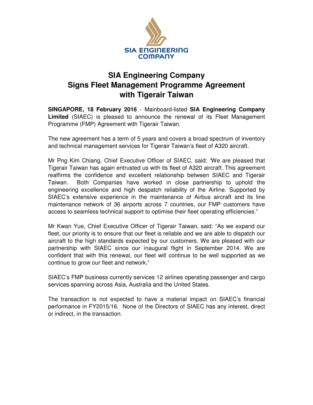 SIA Engineering Company Signs Fleet Management Programme Agreement with Tigerair Taiwan