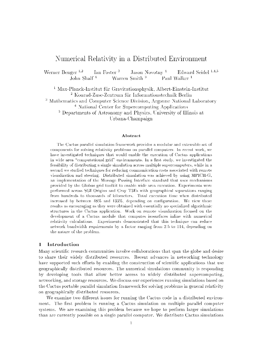 Numerical Relativity in a Distributed Environment
