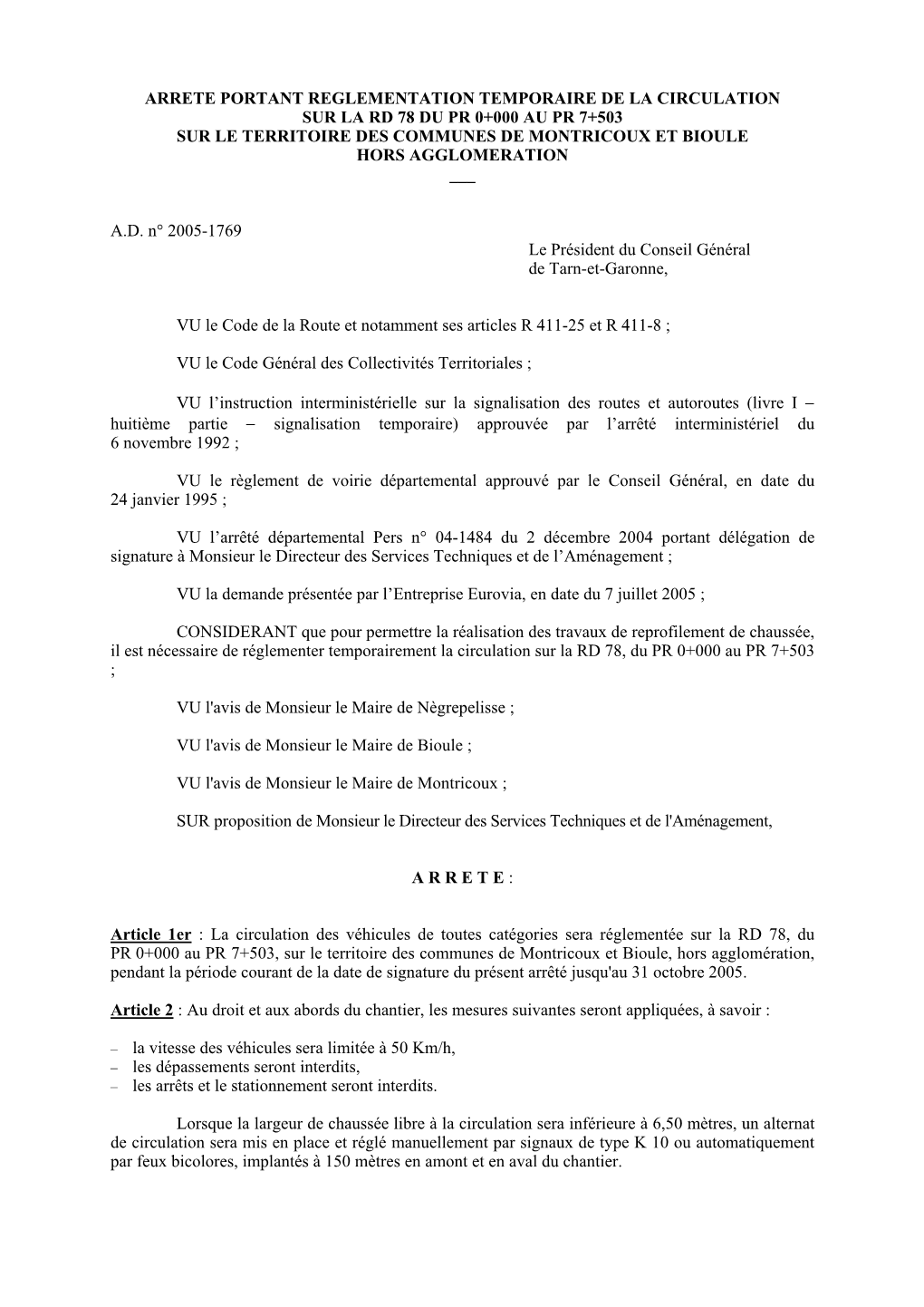 Arrete Portant Reglementation Temporaire