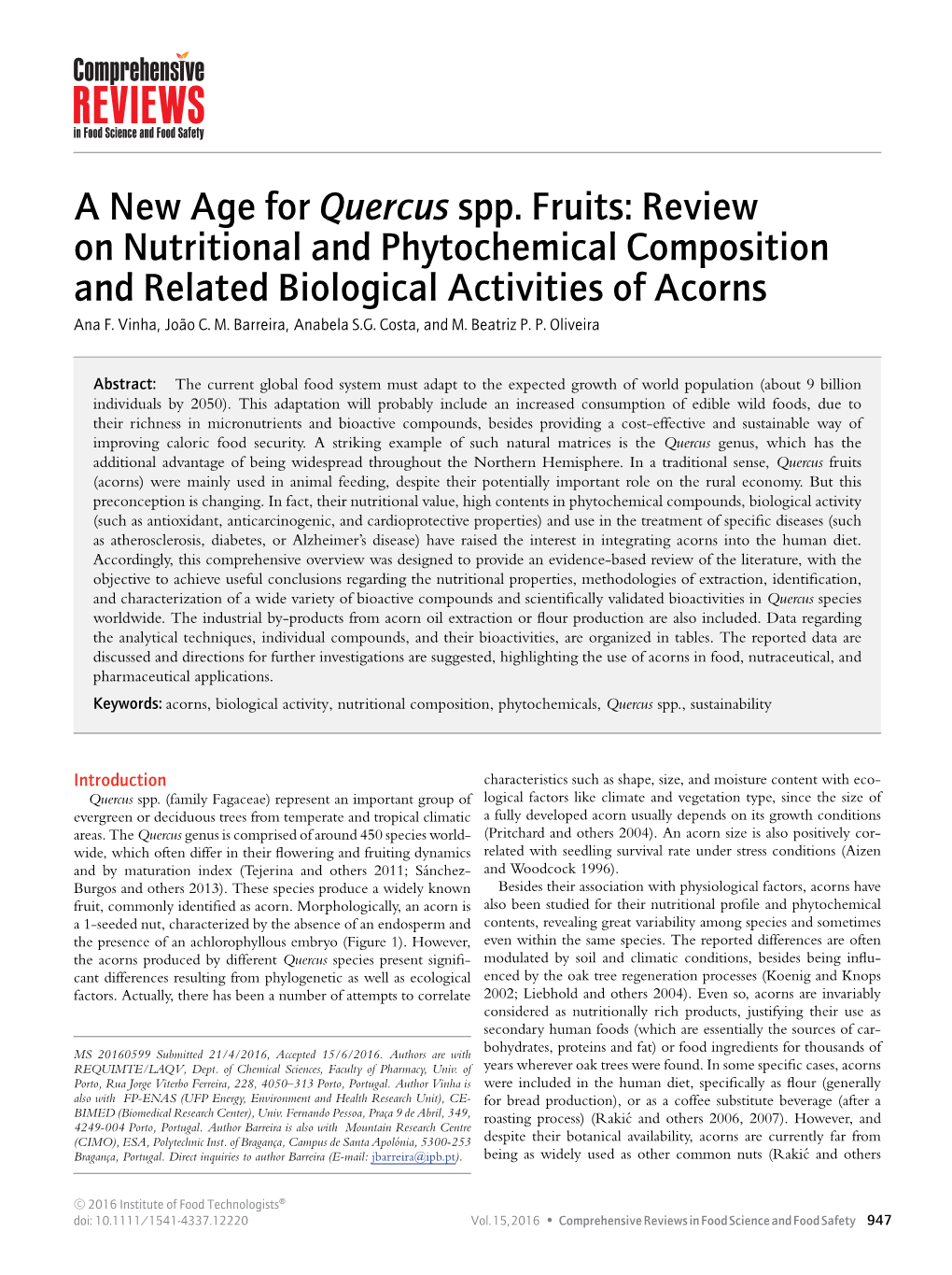 Review on Nutritional and Phytochemical Composition and Related Biological Activities of Acorns Ana F