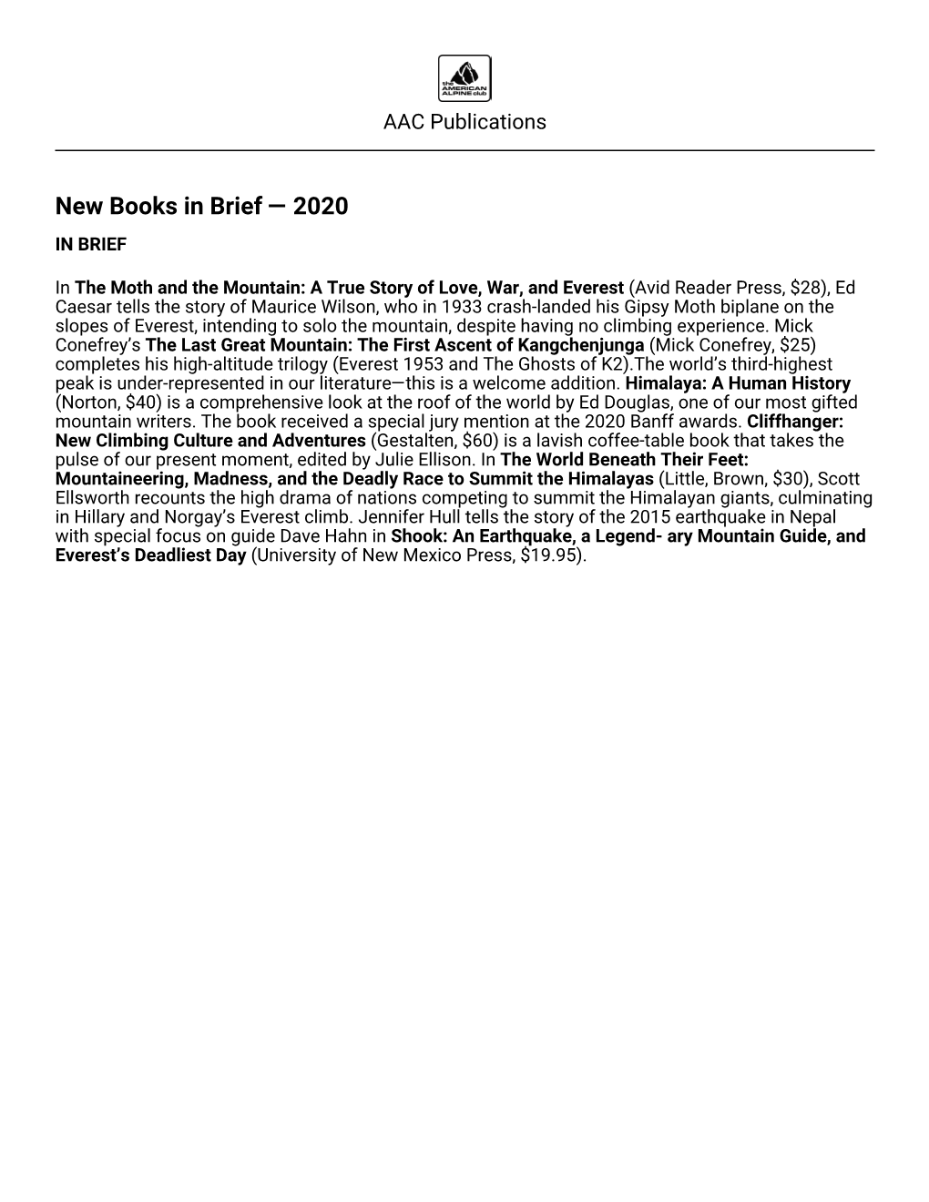 New Books in Brief — 2020 in BRIEF