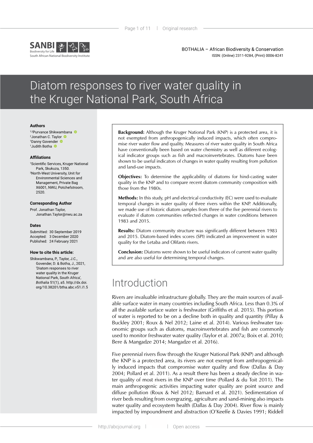 Diatom Responses to River Water Quality in the Kruger National Park, South Africa