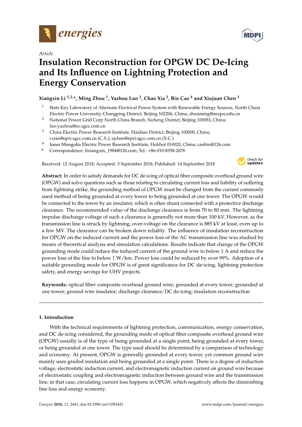 Insulation Reconstruction for OPGW DC De-Icing and Its Influence on Lightning Protection and Energy Conservation