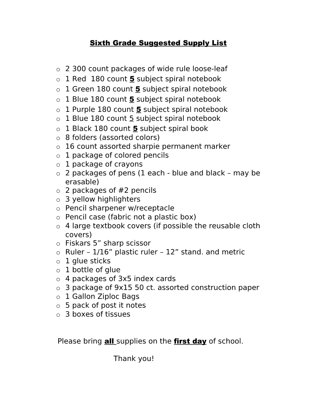 Sixth Grade Supply List