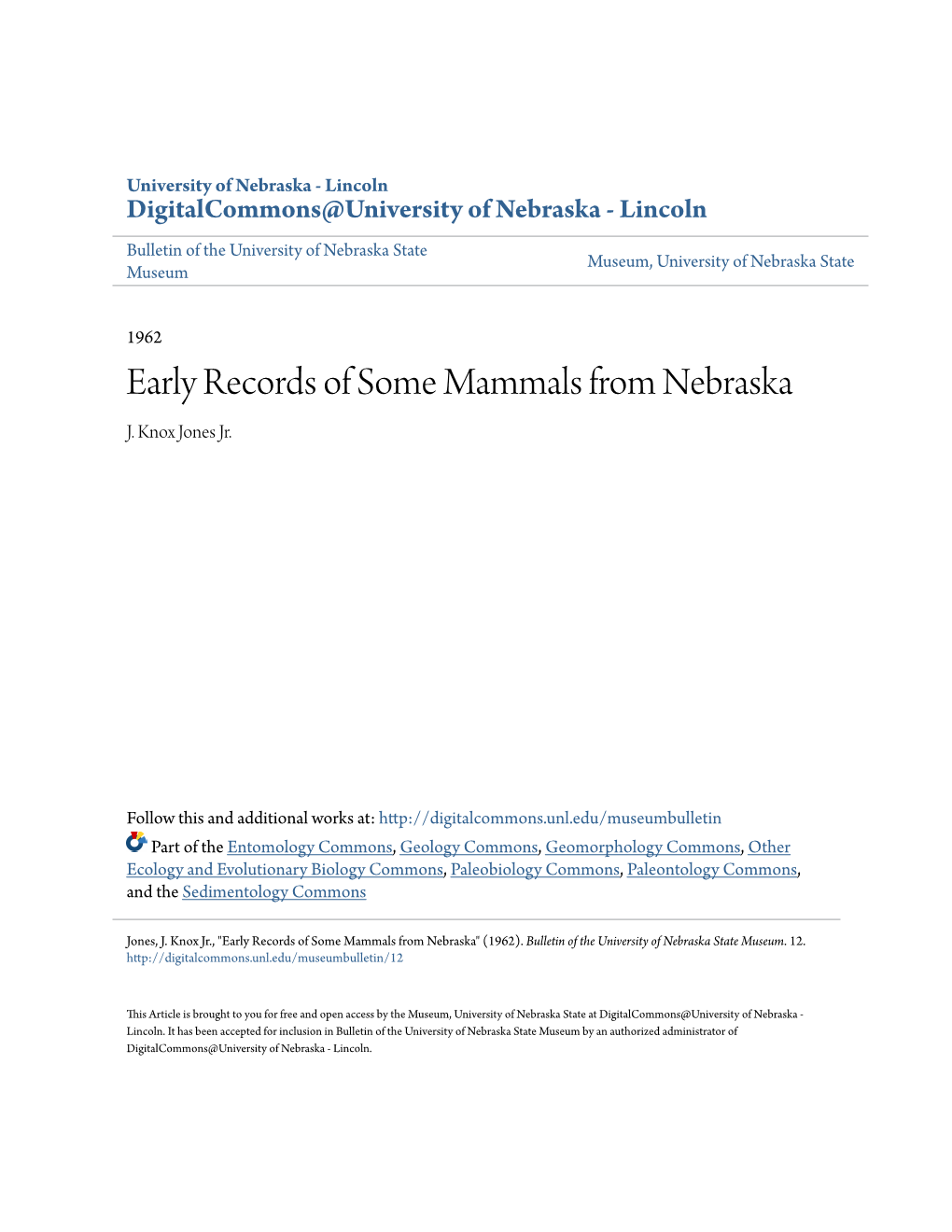 Early Records of Some Mammals from Nebraska J