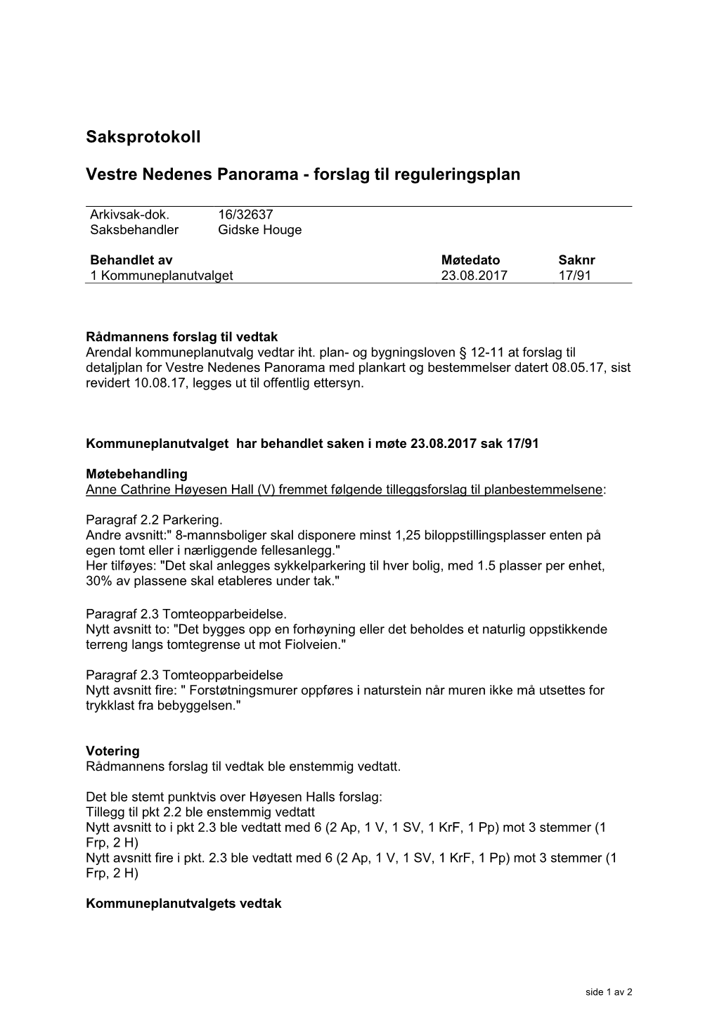 Saksprotokoll Vestre Nedenes Panorama