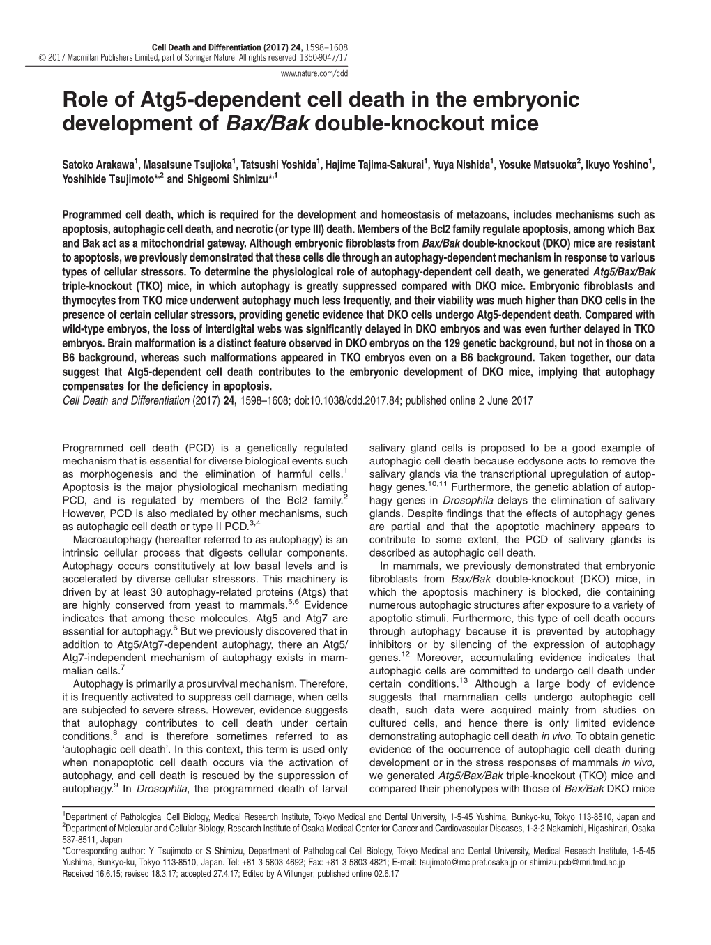 Role of Atg5-Dependent Cell Death in the Embryonic Development of Bax/Bak Double-Knockout Mice