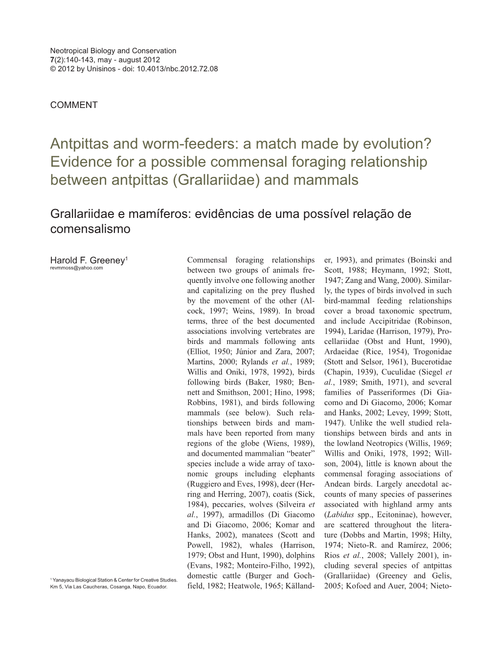 Antpittas and Worm-Feeders: a Match Made by Evolution? Evidence for a Possible Commensal Foraging Relationship Between Antpittas (Grallariidae) and Mammals